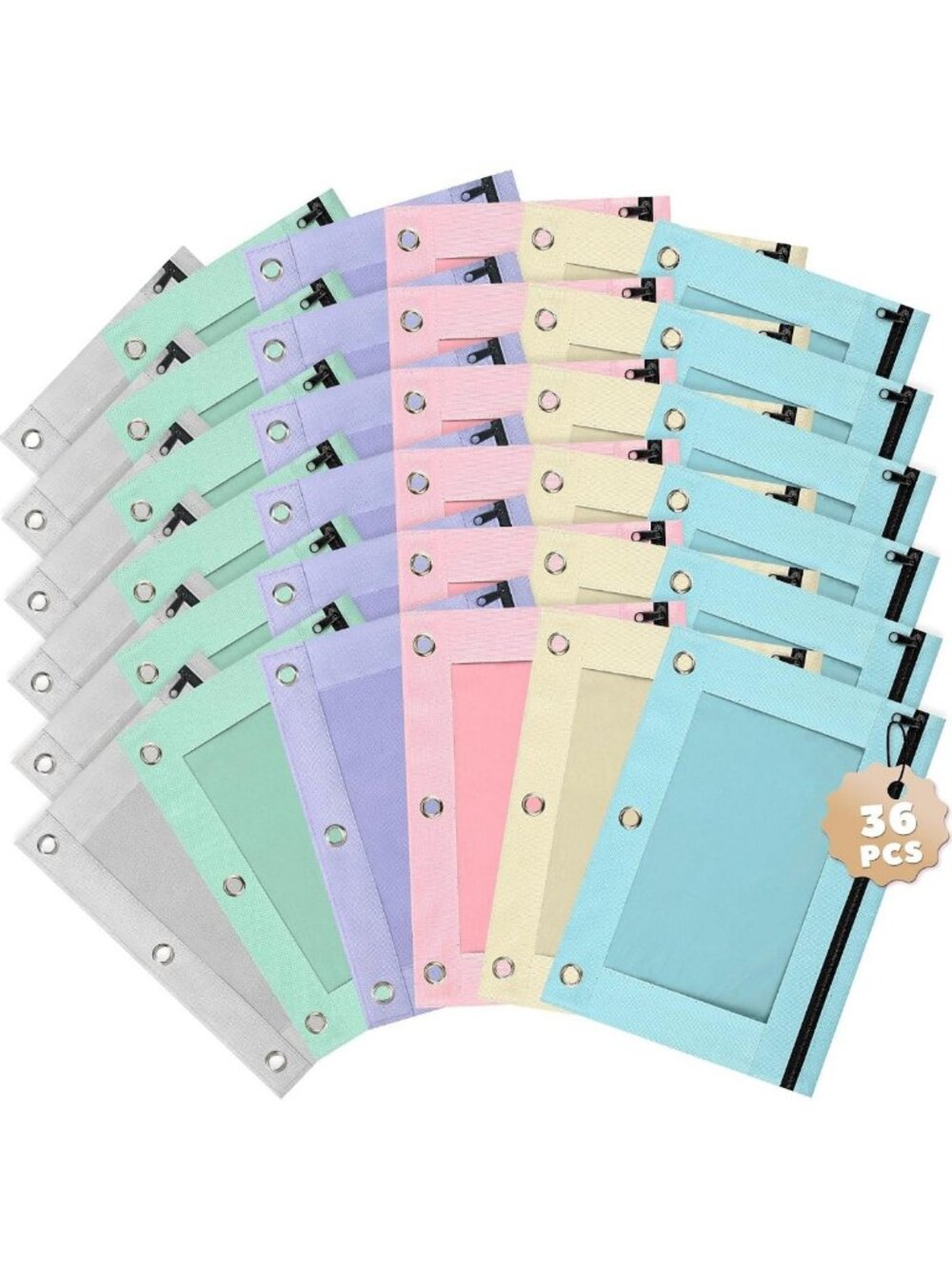 Pastel Pencil Pouch Set for 3 Ring Binder - 36 Pack, Aesthetic Zipper Bags, Kids